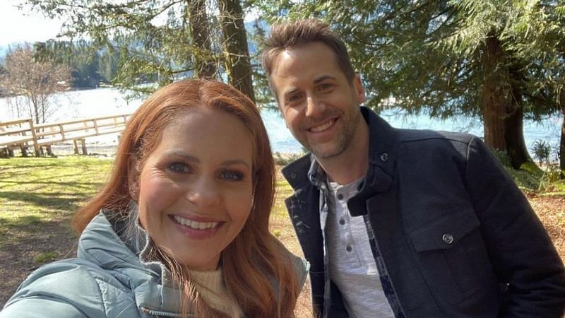 Candace Cameron Bure and Niall Matter from Aurora Teagarden Mysteries: Honeymoon, Honeymurder (Image via Instagram/ candacecbure)