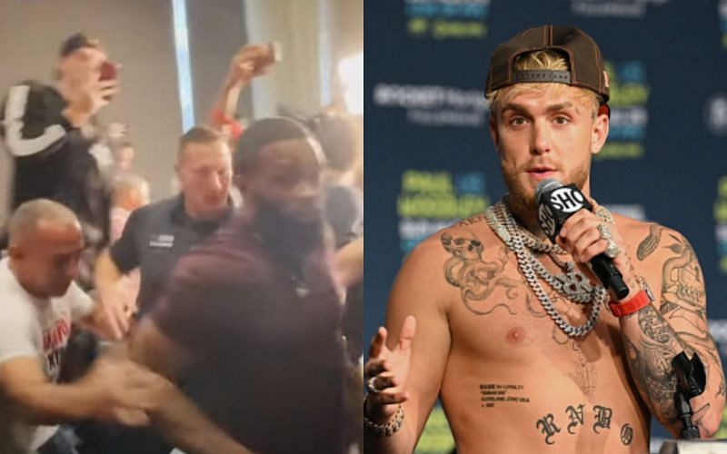 Tyron Woodley during the scuffle (left) (*Image courtesy: MMA Junkie YouTube); Jake Paul (right)