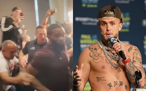 Tyron Woodley during the scuffle (left) (*Image courtesy: MMA Junkie YouTube); Jake Paul (right)