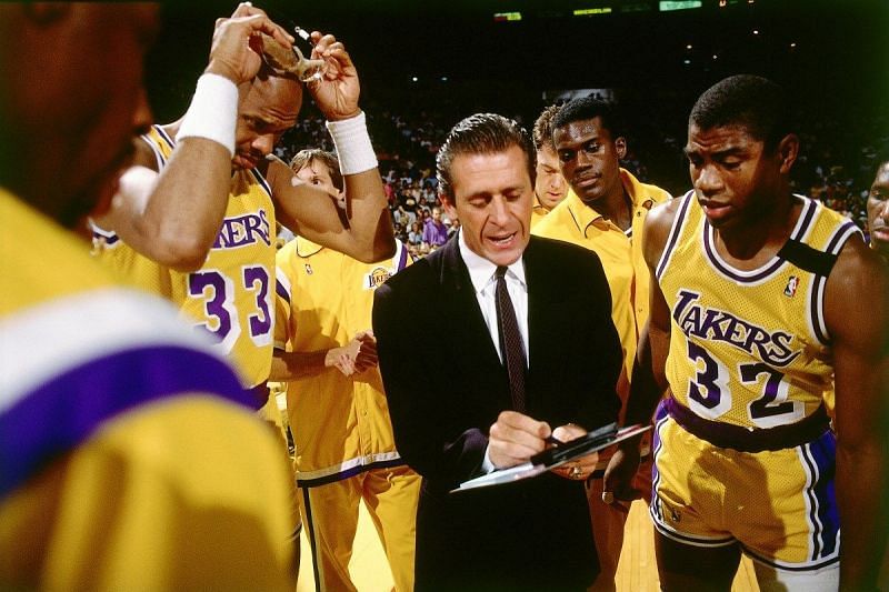 The LA Lakers in 1987 with coach Pat Riley [Source: Legends of Sport]