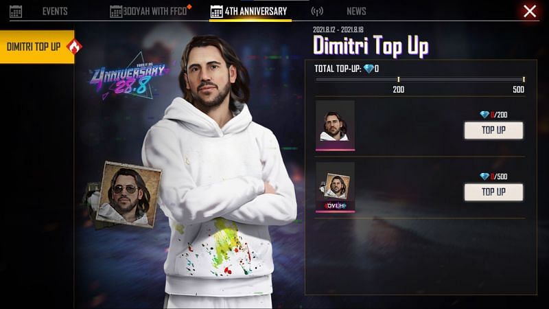 Dimitri top up event is underway and will be available till 18 August (Image via Free Fire)