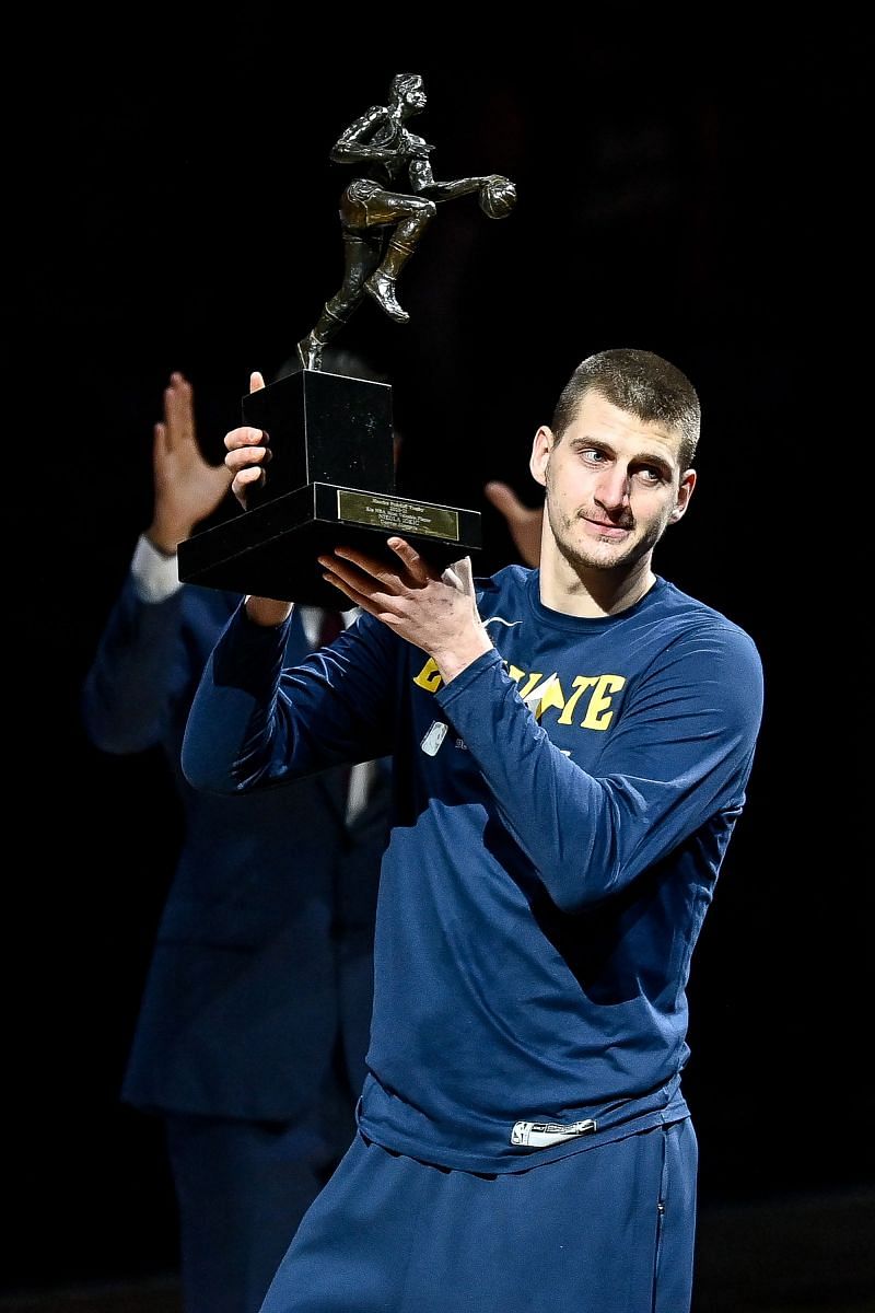 Nikola Jokic #15 of the Denver Nuggets accepts the 2021 NBA MVP award before Game Three of the Western Conference second-round playoff series