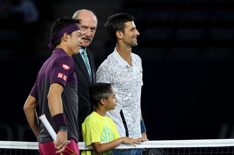Stan Smith with Kei Nishikori (L) and Novak Djokovic at the 2018 US Open