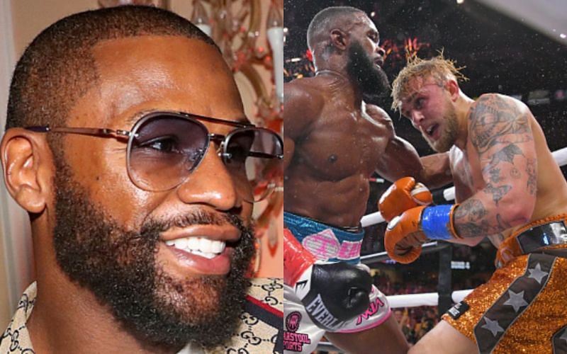 Floyd Mayweather (left); Tyron Woodley (center) and Jake Paul (right)