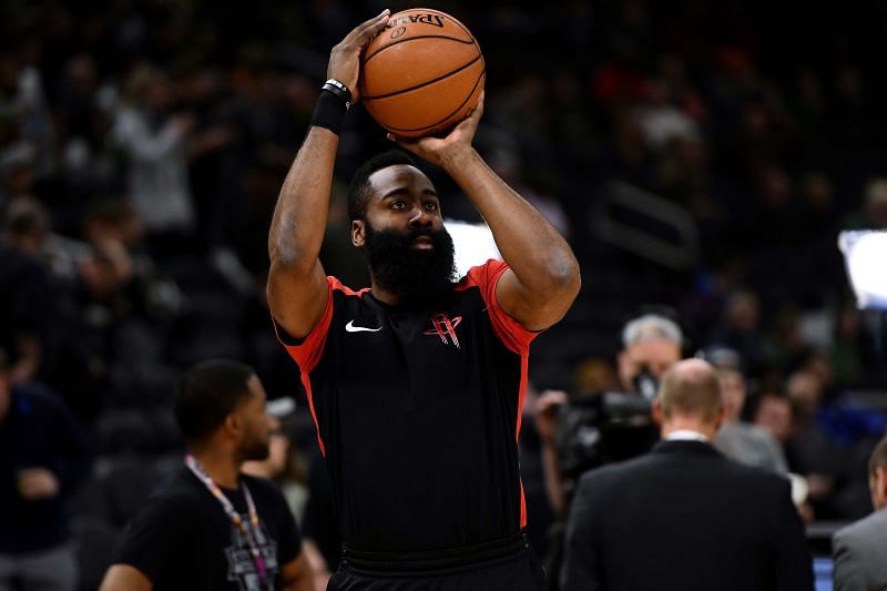 James Harden warms up ahead of a game for the Houston Rockets