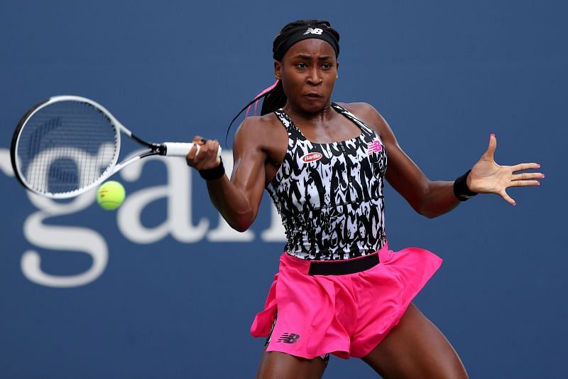 Coco Gauff hits a forehand during her first-round match at the 2021 US Open