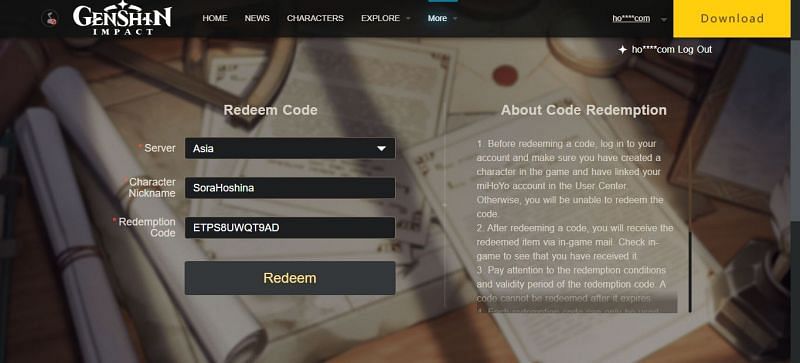 Genshin Impact official redeem code page (Image via miHoYo)