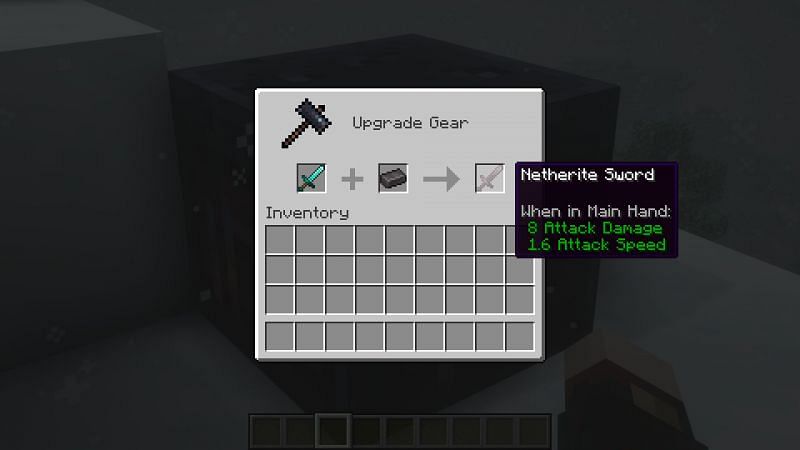 Upgrading a diamond sword to its Netherite variant on a smithing table (Image via Minecraft)
