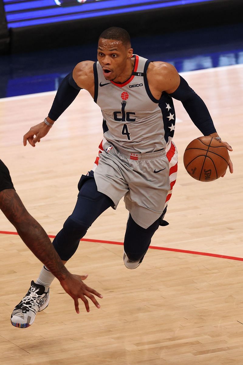 Russell Westbrook (#4) of the Washington Wizards in action against the LA Lakers.