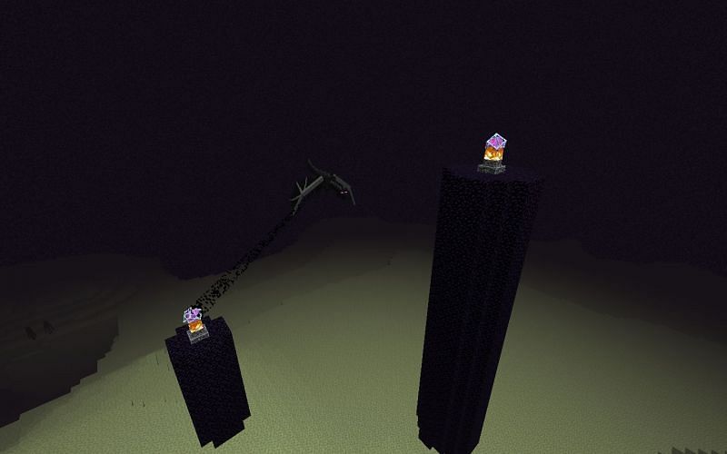 The ender dragon in flying in the end (Image via Minecraft)