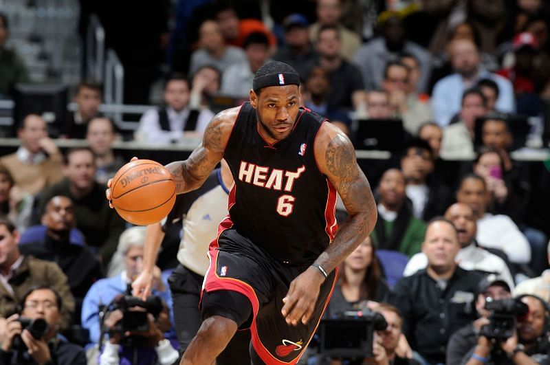 LeBron James #6 of the Miami Heat brings the ball up the court
