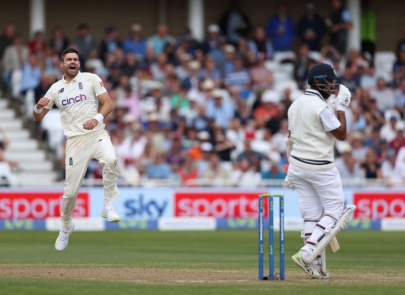 James Anderson celebrates after taking the wicket of Cheteshwar Pujara. Pic: Getty Images