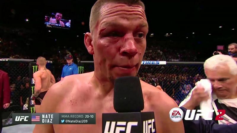Nate Diaz during his octagon interview at UFC 196 | Image via YouTube: UFC