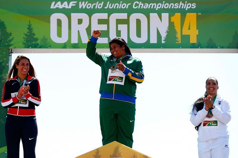 Navjeet Kaur Dhillon won bronze at the 2014 IAAF World Junior Championships in Eugene, Oregon. (Photo by Jonathan Ferrey/Getty Images)