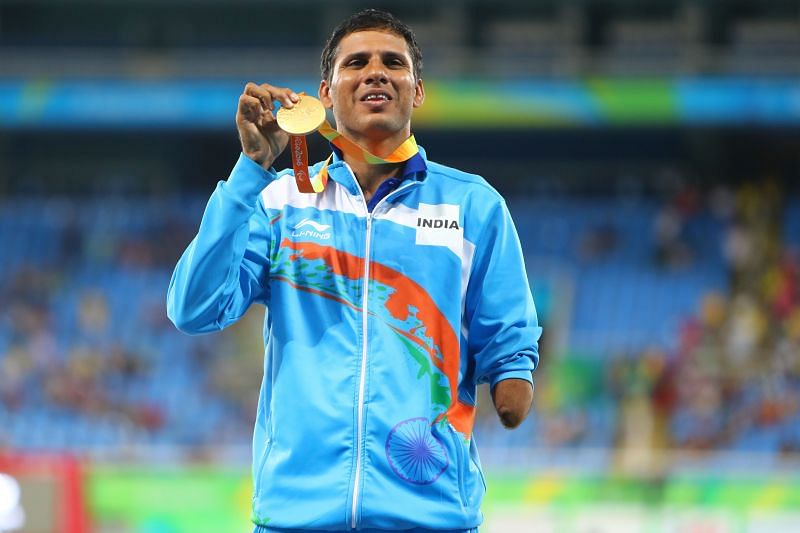 Devendra Jhajharia with his men&#039;s javelin F46 gold at the 2016 Rio Paralympics