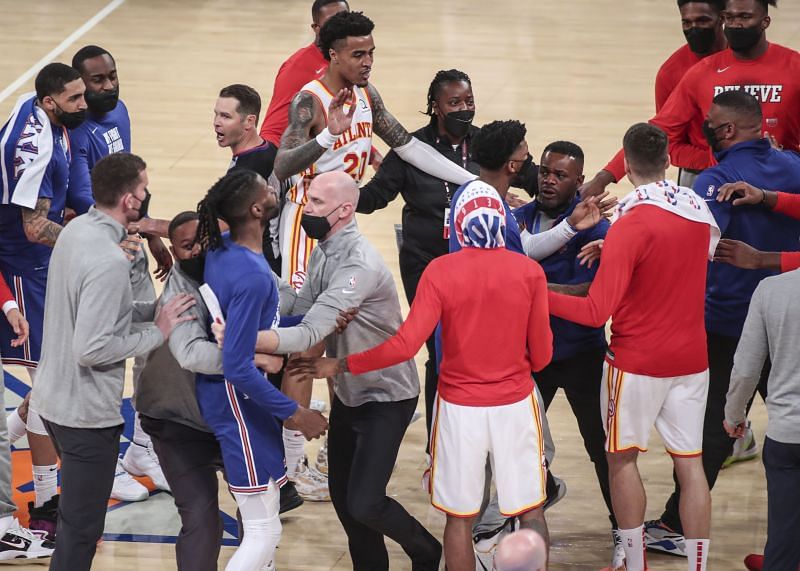 A scuffle breaks out at half-time between New York and Atlanta