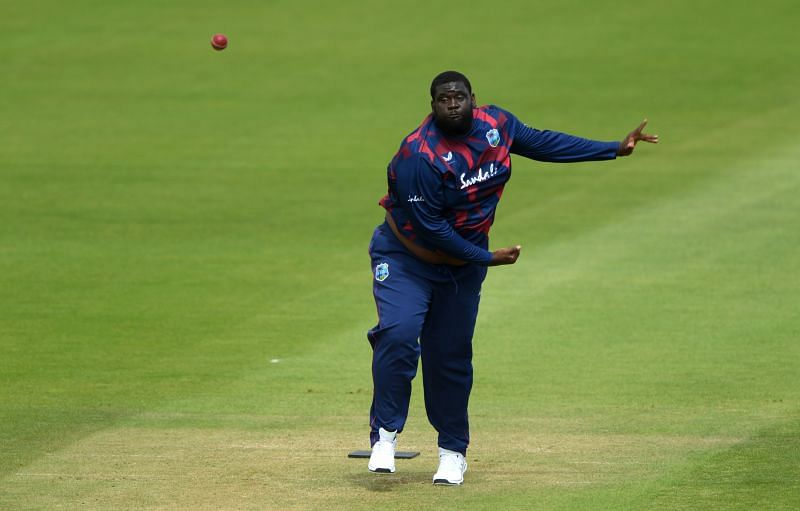 Rakheem Cornwall during a West Indies nets session
