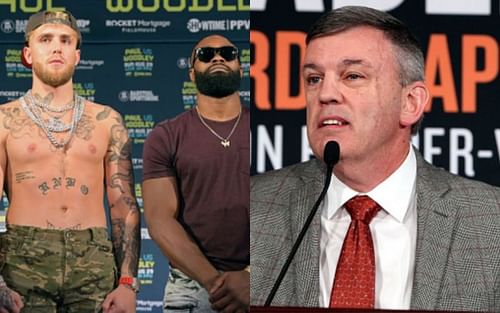 Jake Paul (left); Tyron Woodley (center); Teddy Atlas (right)