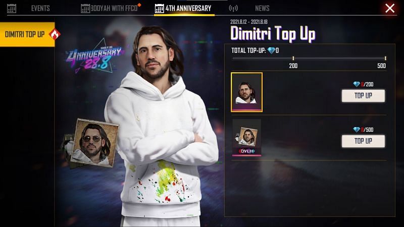 The Dimitri Top Up event will be available until 18 August (Image via Free Fire)