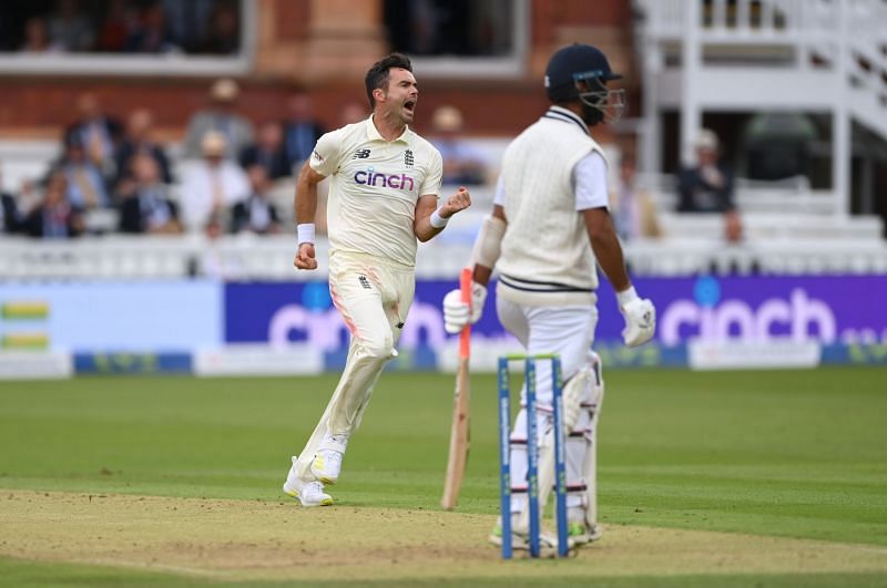 England bowler James Anderson celebrates after dismissing Cheteshwar Pujara on Day 1 at Lord&#039;s. Pic: Getty Images