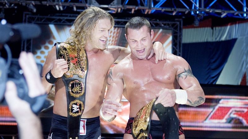 The Rated RKO with their World Tag Team Titles