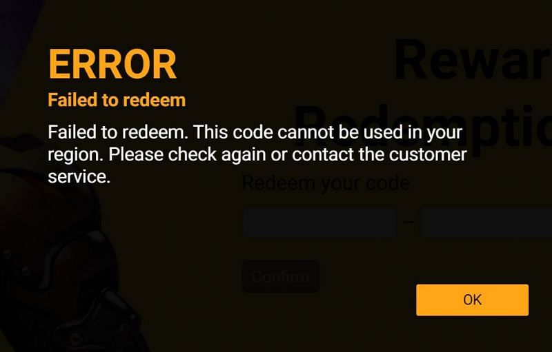 The error message for using a code belonging to another region (Image via Free Fire)