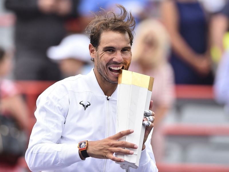 Nadal with the 2020 Rogers Cup trophy.