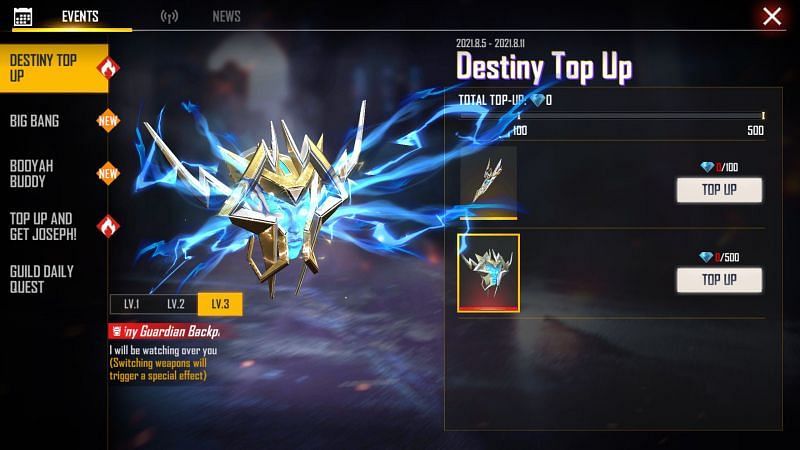 Destiny Guardian Backpack - Top up 500 diamonds (Image via Free Fire)