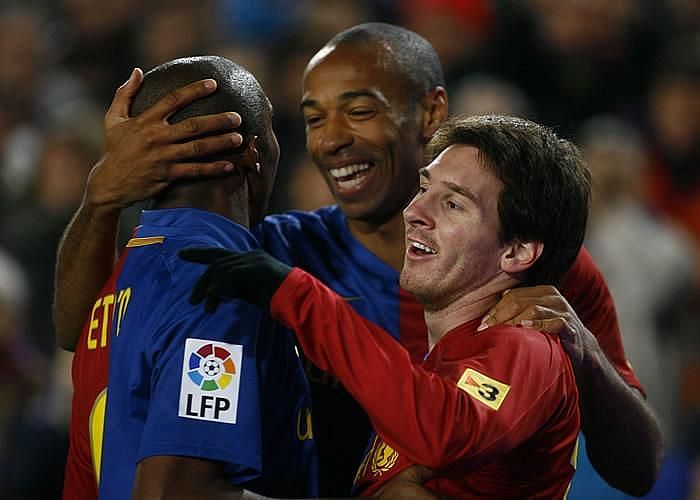 Lionel Messi, Thierry Henry and Samuel Eto&#039;o (from right to left)