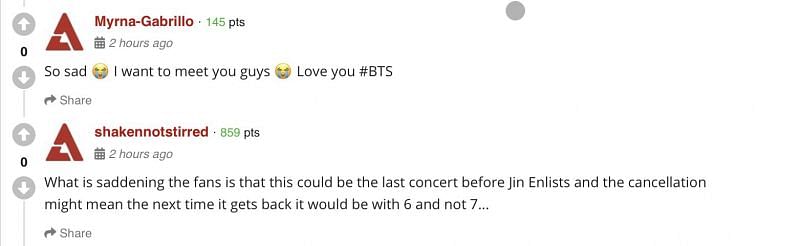 A screenshot of comments from fans (Image via AllkPop)
