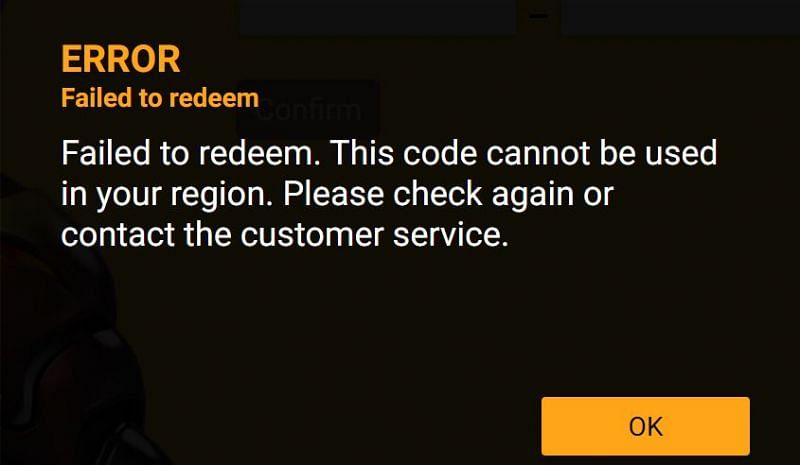 Error message for using codes released for other server(Image via Free Fire)