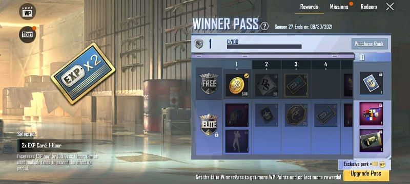 WP Rank 3: 2x EXP Card: 1-Hour (Image via PUBG Mobile Lite)