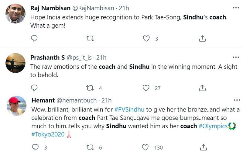 सिंधू के कोच पार्क की मेहनत की भारतीय फैंस ने ट्विटर पर सराहना की।