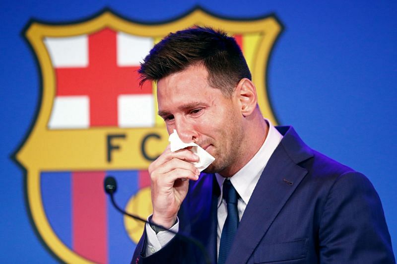 Lionel Messi at his final Barcelona press conference