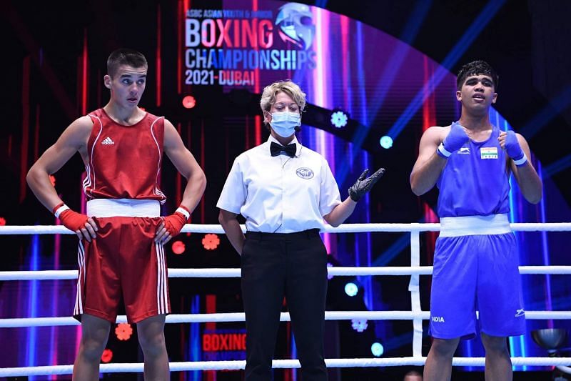India&#039;s Gaurav Saini (right) after winning his semi-final bout. (PC: Boxing Federation)