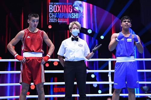 India's Gaurav Saini (right) after winning his semi-final bout. (PC: Boxing Federation)