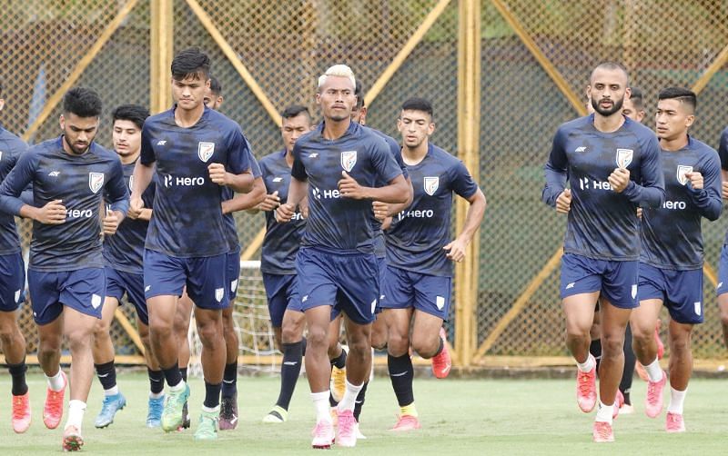 The Indian football team during a training session.