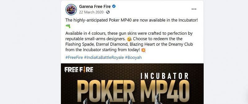 Free Fire में पोकर MP40 स्किन मार्च 2020 में उपलब्ध थी(Image via facebook) 