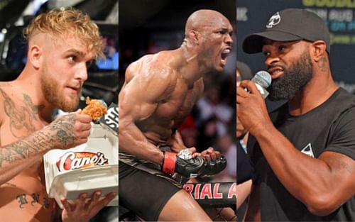 Jake Paul (left); Kamaru Usman (center); Tyron Woodley (right)