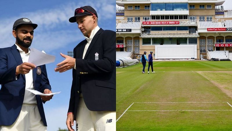 Virat Kohli (L), Joe Root and the first glance at the Trent Bridge wicket.