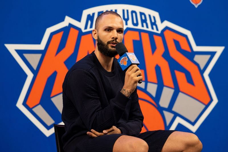 Evan Fournier #13 speaks during a press conference