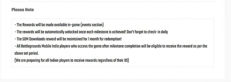 A snippet from the official Battlegrounds Mobile India website about this milestone reward event