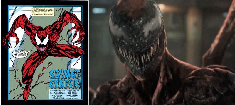 Carnage in comics, and in &quot;Venom: Let There Be Carnage.&quot; (Image via: Marvel Comics, Sony Pictures Entertainment)