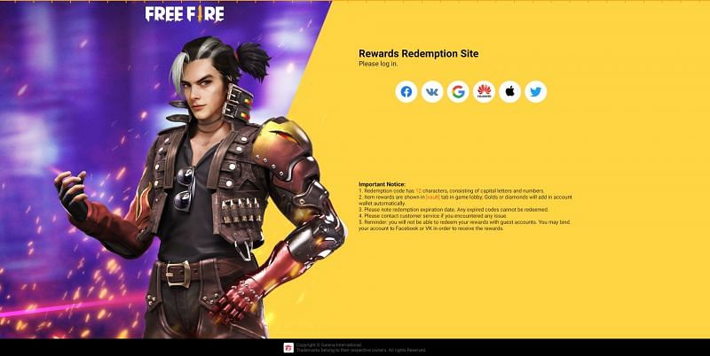 Users have to log in using any one of the six options listed on the website (Image via Free Fire)