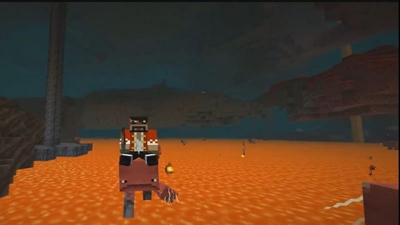 Riding Striders may be one of the safer methods of traversing lava in the Nether. (Image via Mojang)