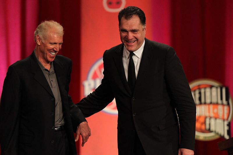 Arvydas Sabonis smiles with Hall of Fame Player Bill Walton (L) during the Basketball Hall of Fame Enshrinement Ceremony in 2011.