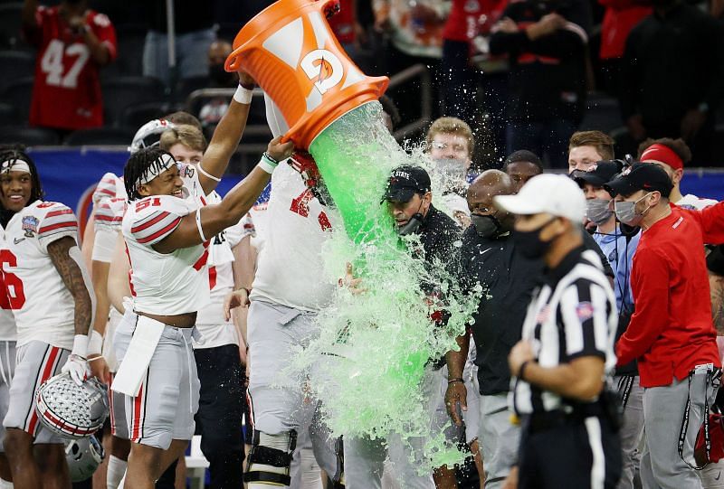 Ohio State HC Ryan Day receives a Gatorade bath after victory over Clemson