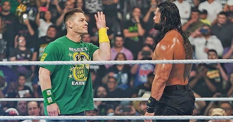 John Cena and Roman Reigns at WWE Money in the Bank 2021