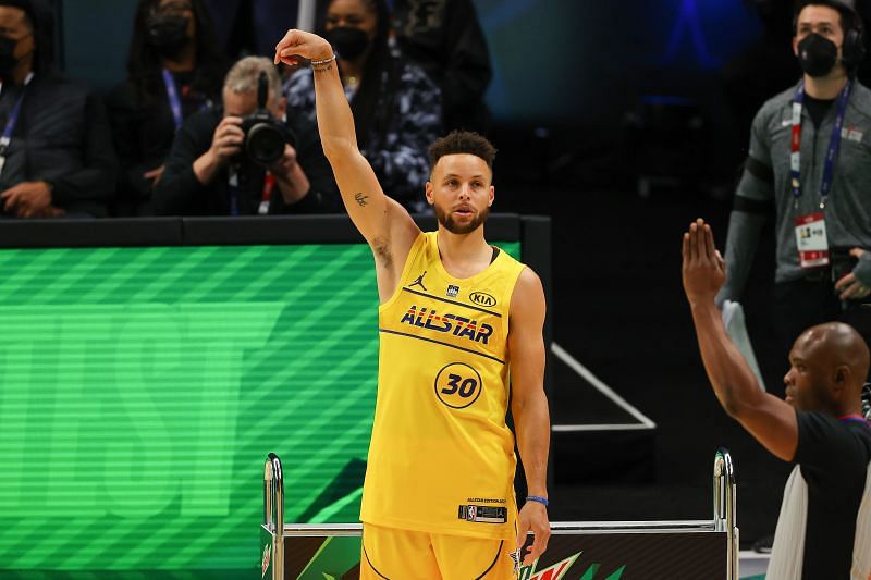 Stephen Curry #30 of the Golden State Warriors celebrates after winning the 2021 NBA All-Star - MTN DEW 3-Point Contest