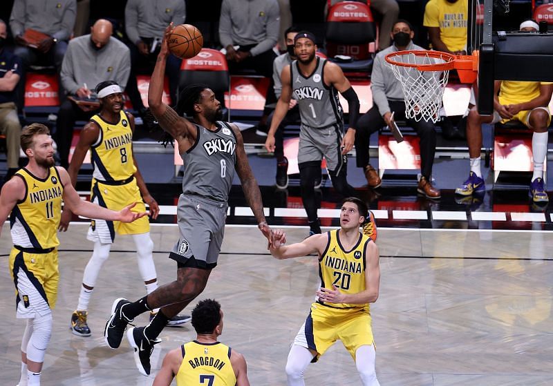 Brooklyn Nets center DeAndre Jordan soars in for a dunk